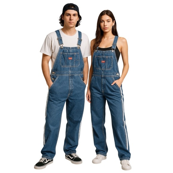 Vintage REVOLT Racing Stripe Denim Overalls Size Large Unisex Y2K Skater Core - Picture 1 of 11